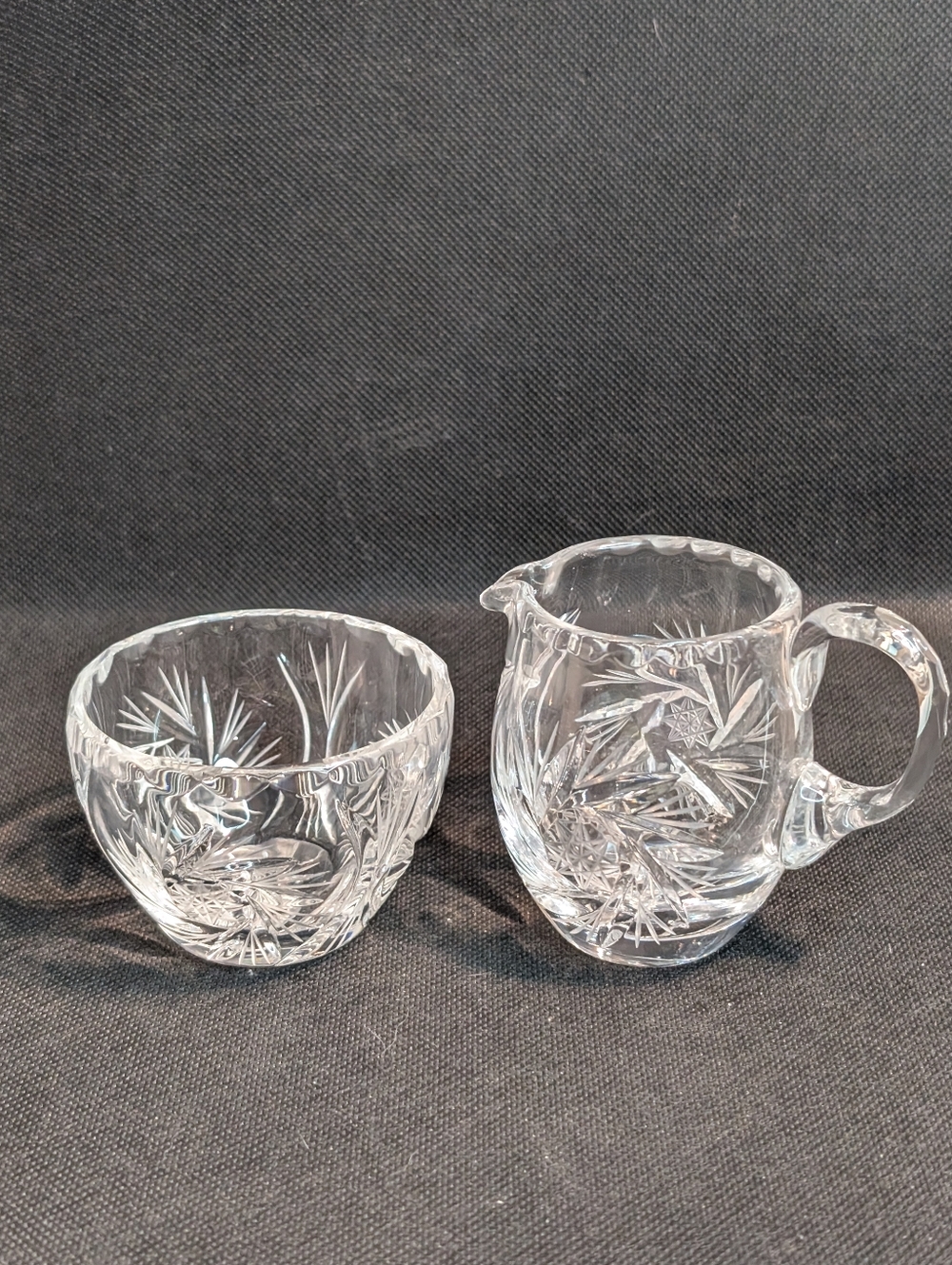 Clear Crystal Cut Sugar Bowl & Creamer Pitcher set Pinwheel design.